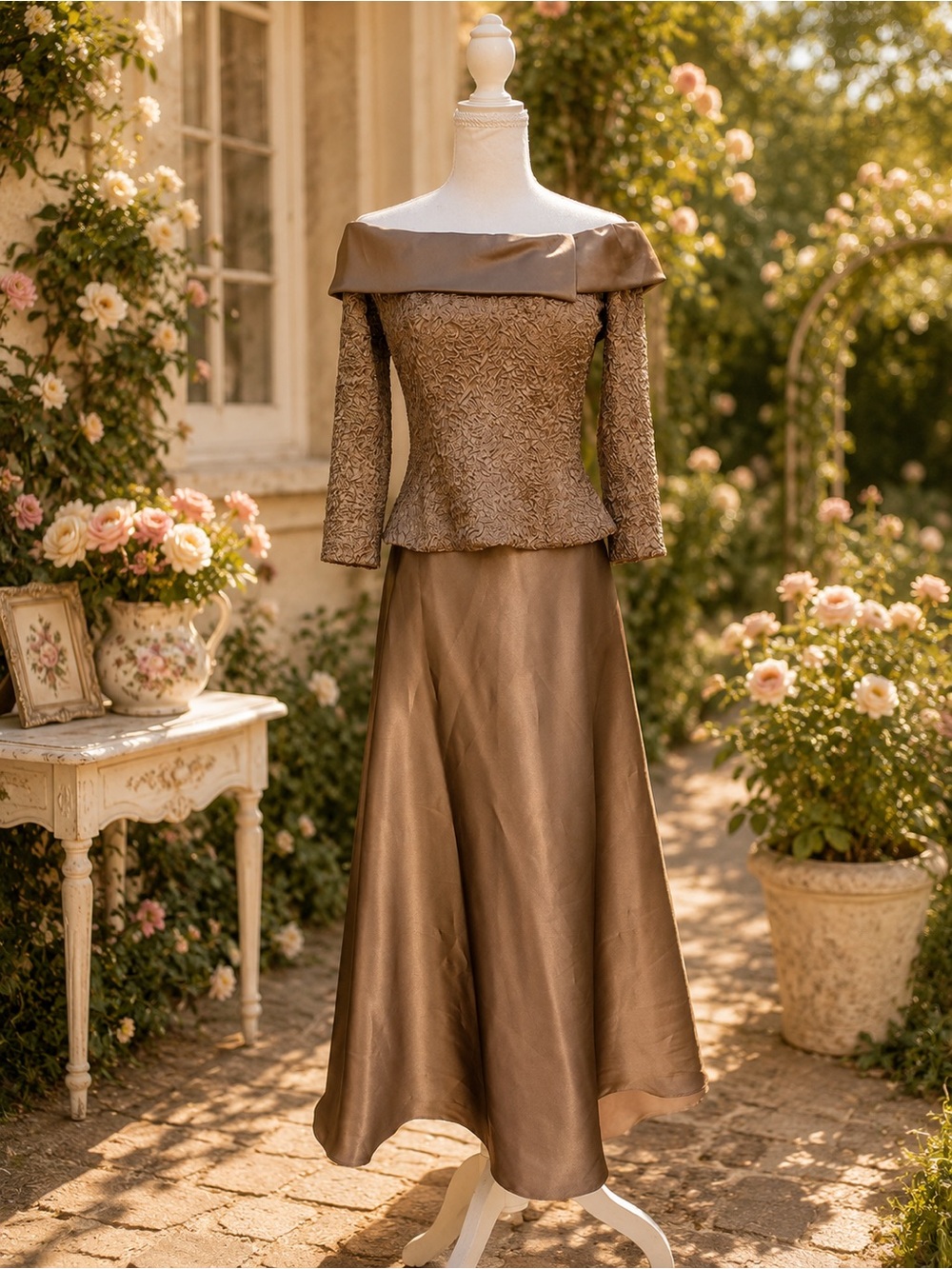 Alex Evenings Bronze Two-Piece Evening Gown with Off-Shoulder Bodice